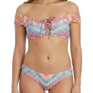 Raisins Island Bra Mai Tai Bikini 2 Pc Set L Juniors Off Shoulder Lace Up Multi